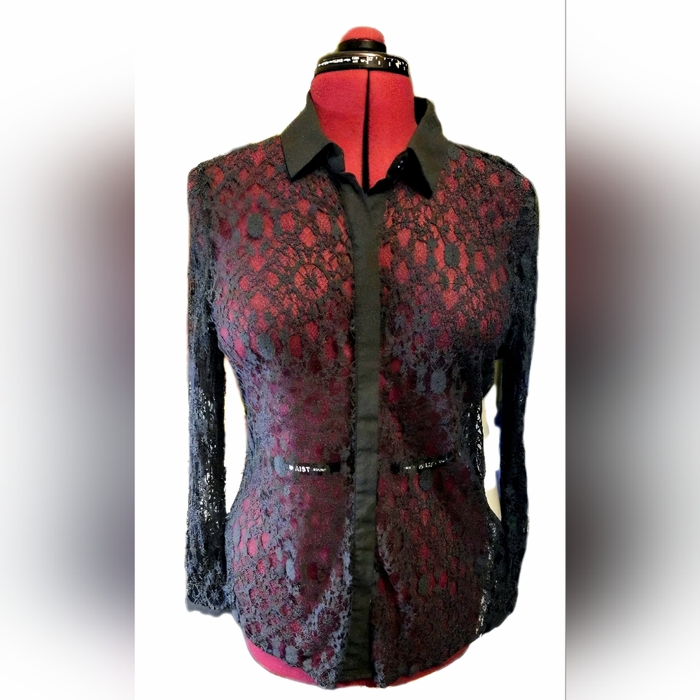 WHOWHATWEAR Black Lace Button Front Blouse Sheer Layering Top Size XL